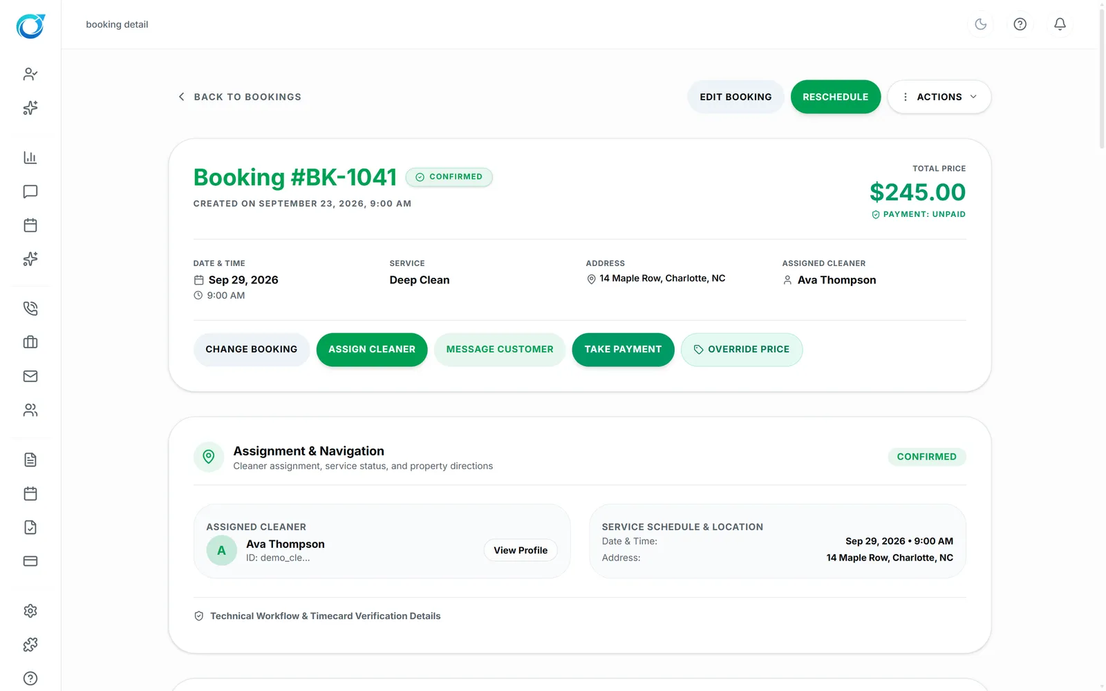 A booking, ready to assign, message or charge