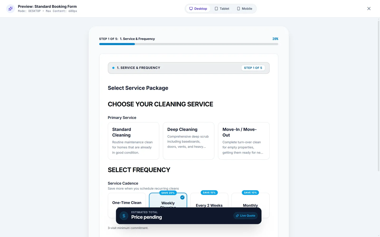 Booking form preview