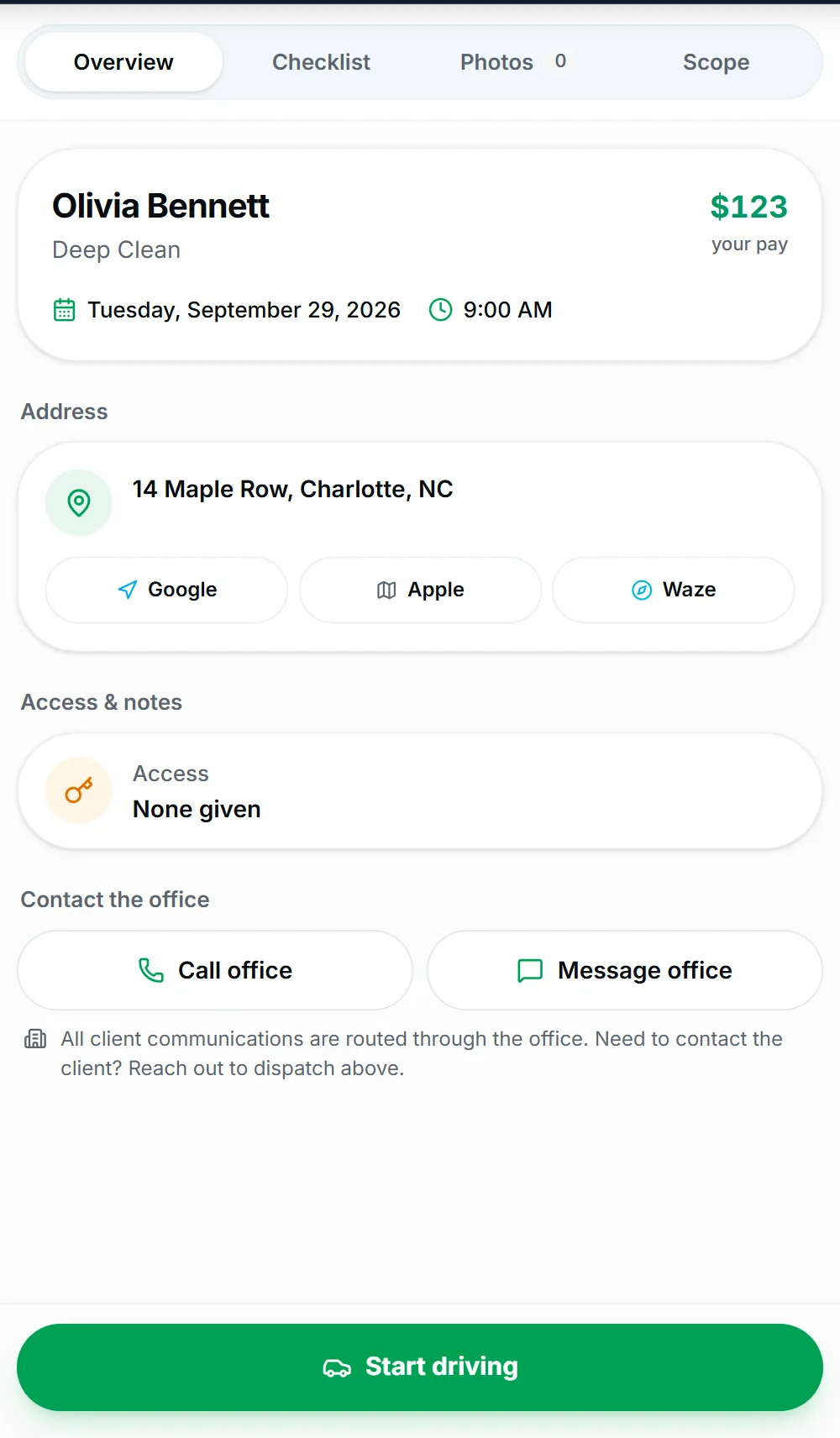 Cleaner Portal: job details