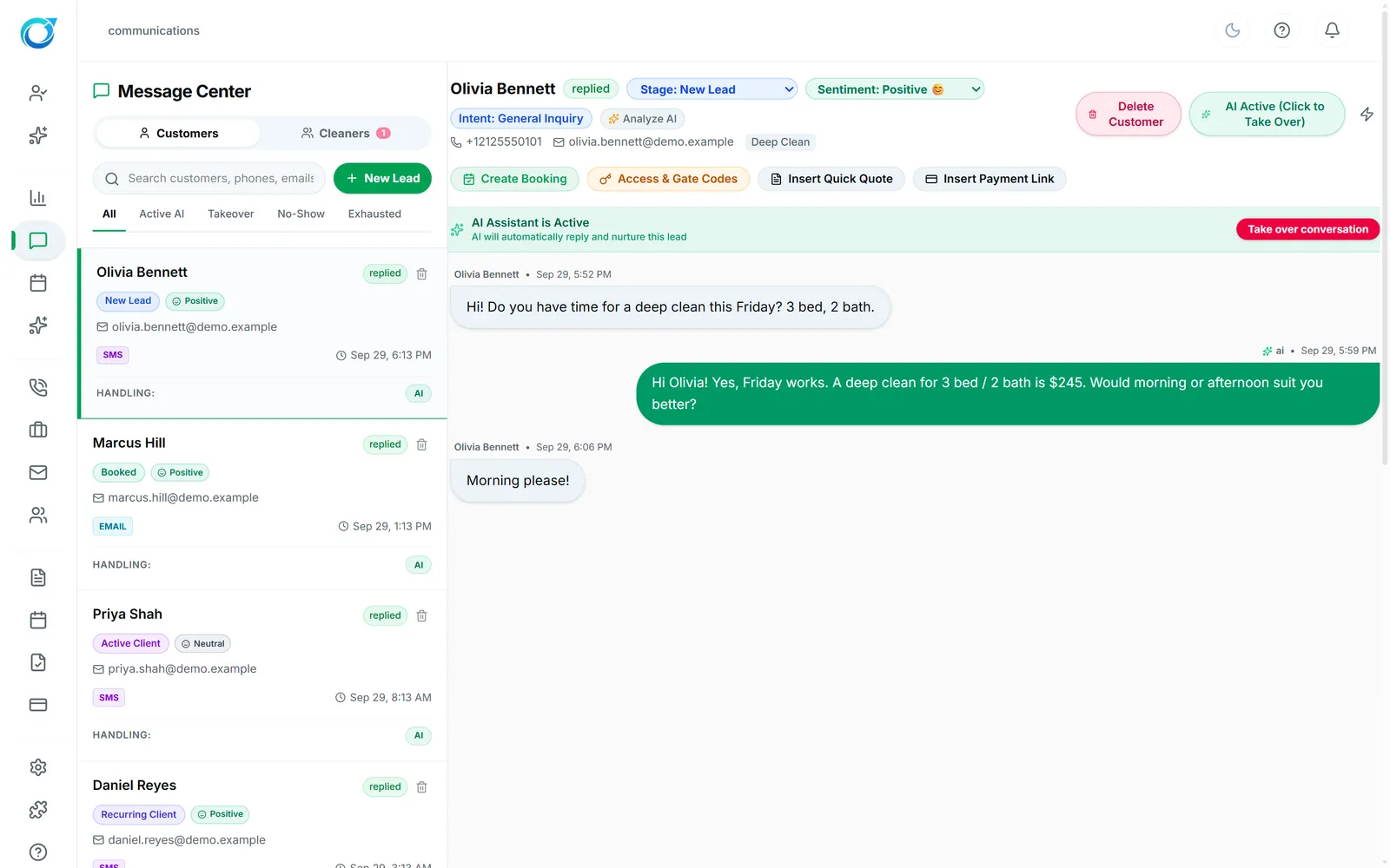 Message Center with a customer conversation open
