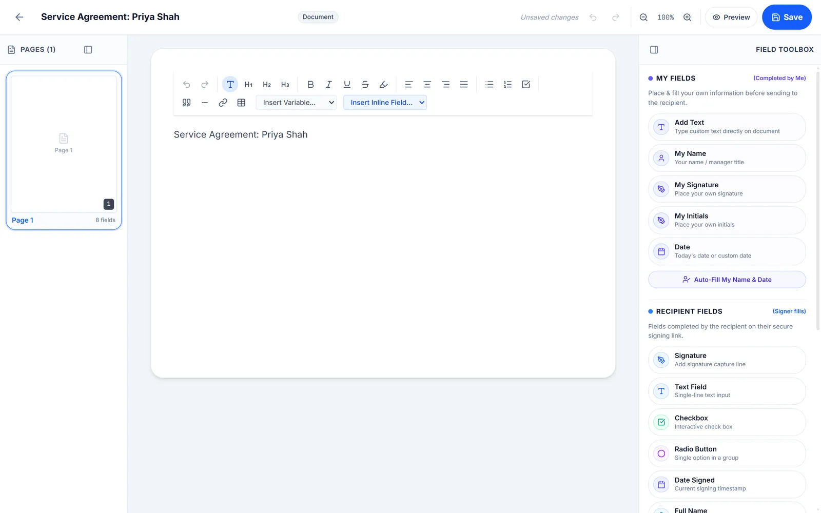 Document editor with signature fields